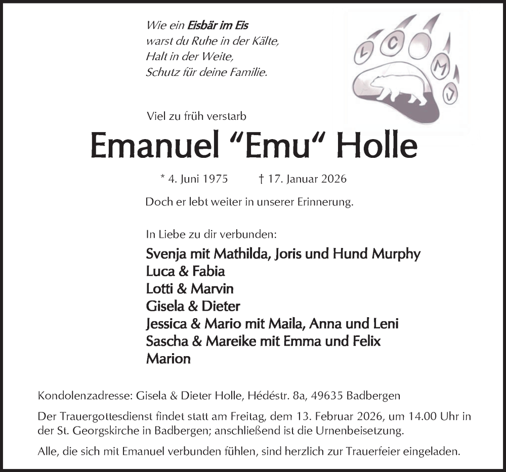  Traueranzeige für Emanuel Holle vom 07.02.2026 aus Neue Osnabrücker Zeitung GmbH & Co. KG