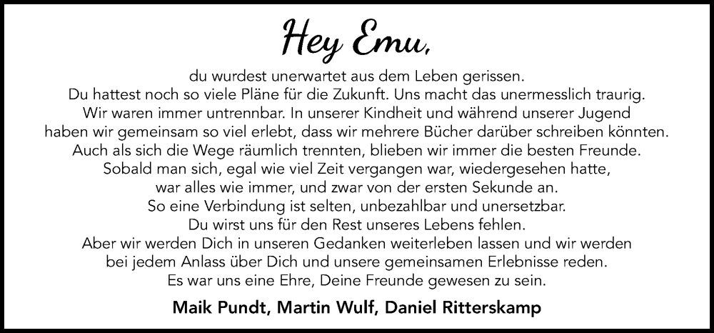  Traueranzeige für Emu  vom 07.02.2026 aus Neue Osnabrücker Zeitung GmbH & Co. KG