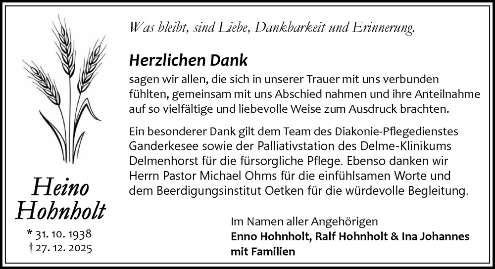  Traueranzeige für Enno Hohnholt vom 14.02.2026 aus DK Medien GmbH & Co. KG