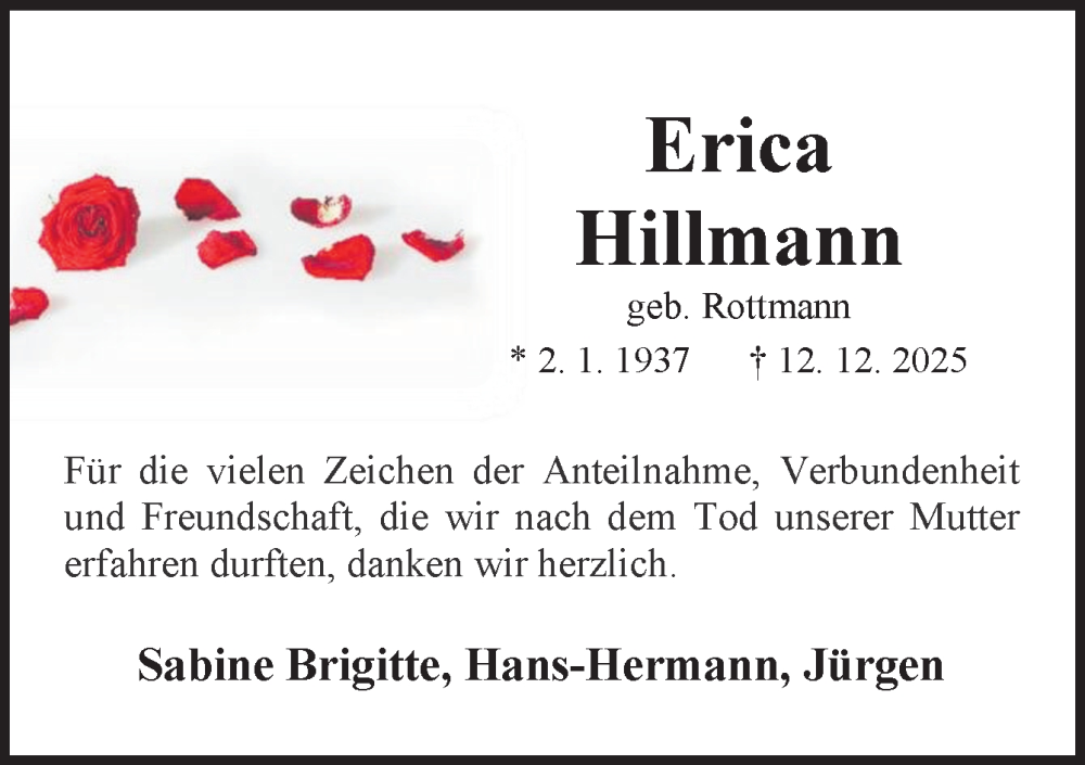  Traueranzeige für Erica Hillmann vom 14.02.2026 aus Neue Osnabrücker Zeitung GmbH & Co. KG