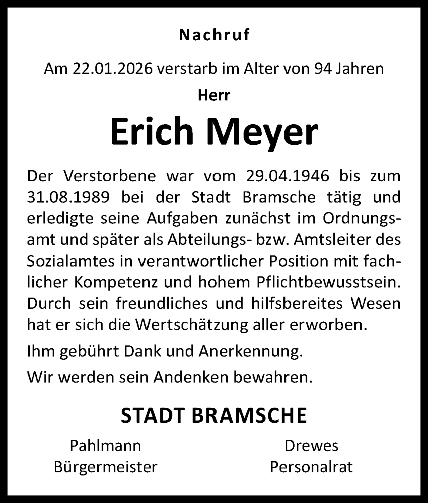  Traueranzeige für Erich Meyer vom 04.02.2026 aus Neue Osnabrücker Zeitung GmbH & Co. KG