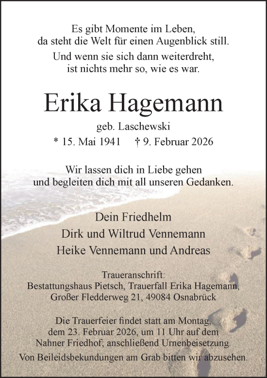 Traueranzeige von Erika Hagemann von Neue Osnabrücker Zeitung GmbH & Co. KG