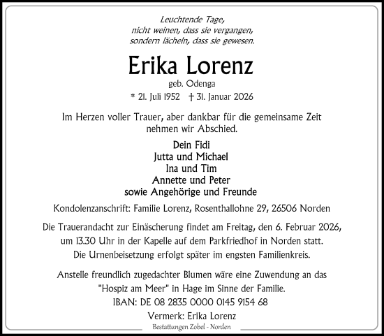 Traueranzeige von Erika Lorenz von Ostfriesischer Kurier / Norderneyer Badezeitung