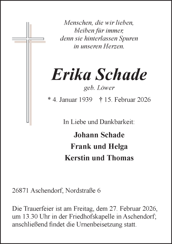 Traueranzeige von Erika Schade von Neue Osnabrücker Zeitung GmbH & Co. KG