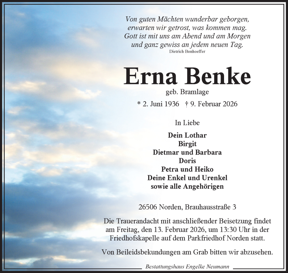  Traueranzeige für Erna Benke vom 12.02.2026 aus Ostfriesischer Kurier GmbH