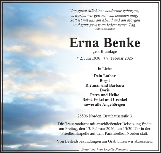 Traueranzeige von Erna Benke von Ostfriesischer Kurier GmbH