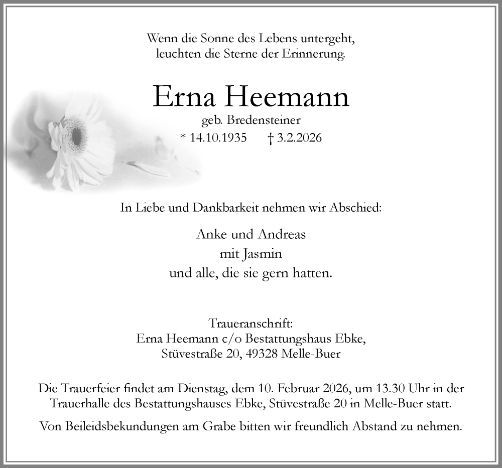  Traueranzeige für Erna Heemann vom 07.02.2026 aus Neue Osnabrücker Zeitung GmbH & Co. KG