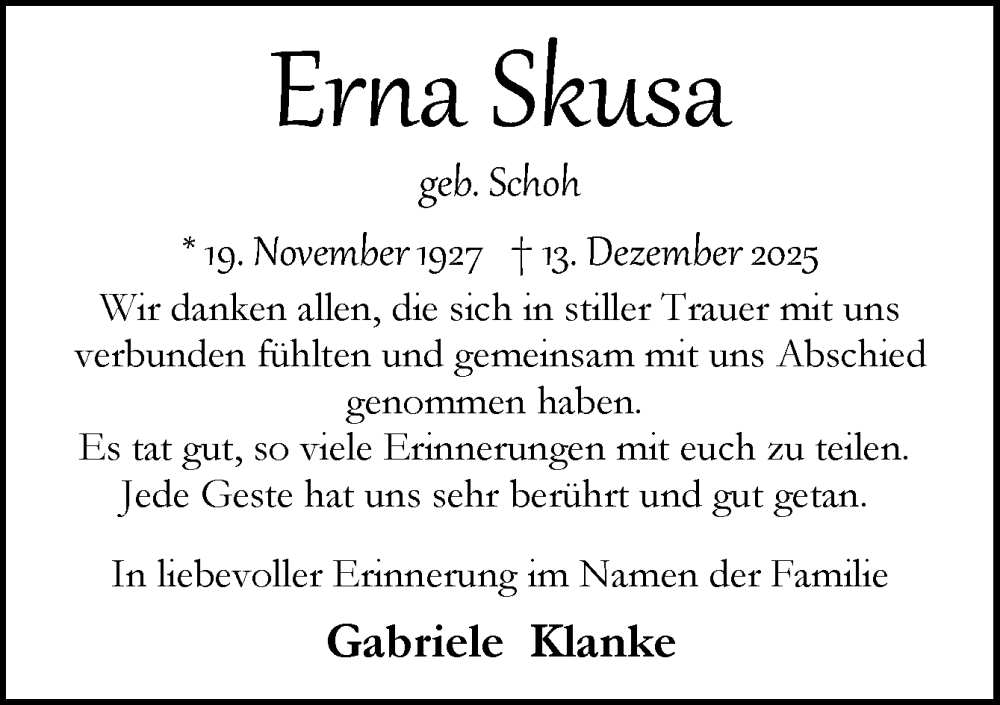  Traueranzeige für Erna Skusa vom 14.02.2026 aus Neue Osnabrücker Zeitung GmbH & Co. KG