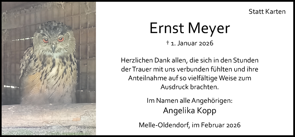  Traueranzeige für Ernst Meyer vom 14.02.2026 aus Neue Osnabrücker Zeitung GmbH & Co. KG