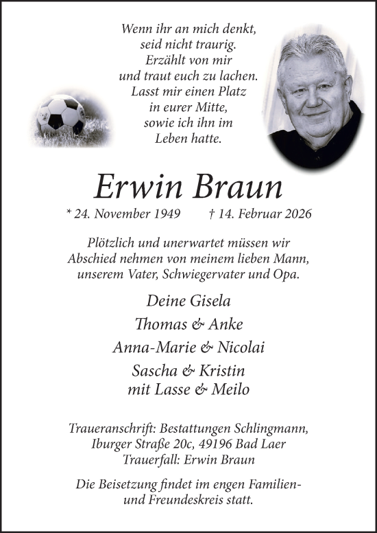 Traueranzeige von Erwin Braun von Neue Osnabrücker Zeitung GmbH & Co. KG