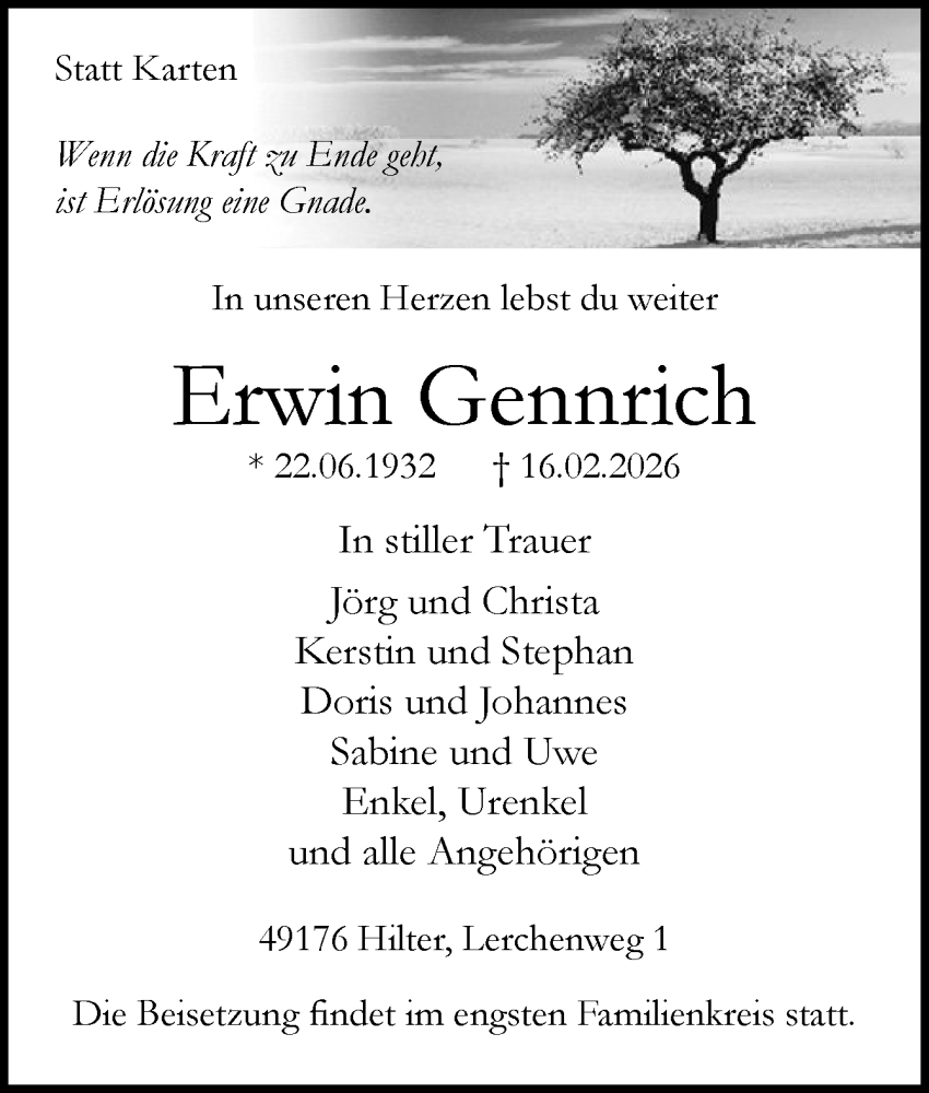  Traueranzeige für Erwin Gennrich vom 23.02.2026 aus Neue Osnabrücker Zeitung GmbH & Co. KG