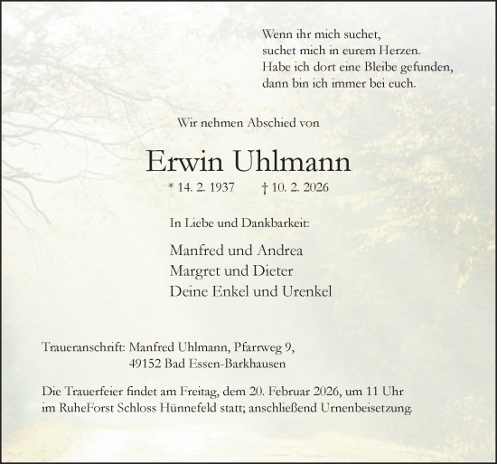 Traueranzeige von Erwin Uhlmann von Neue Osnabrücker Zeitung GmbH & Co. KG