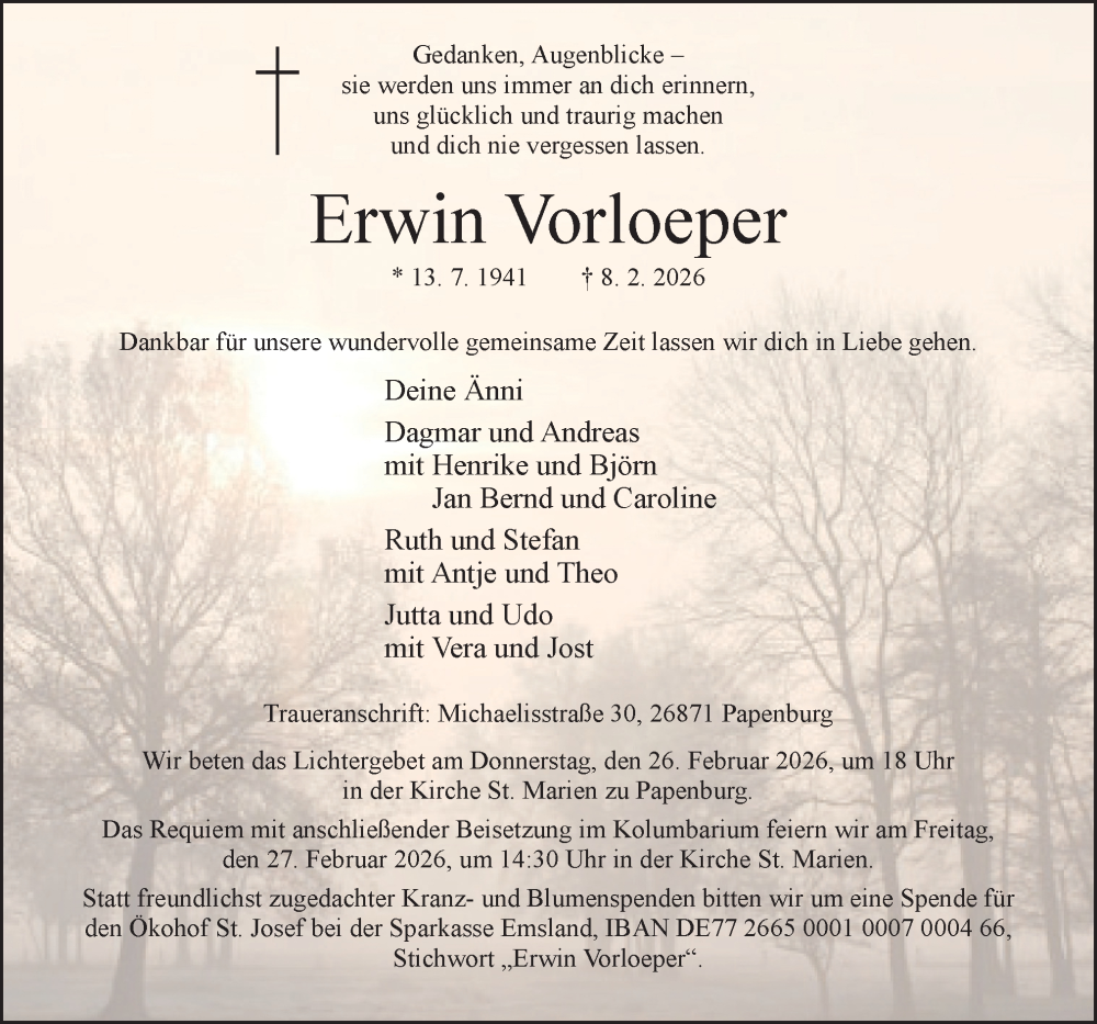  Traueranzeige für Erwin Vorloeper vom 14.02.2026 aus Neue Osnabrücker Zeitung GmbH & Co. KG