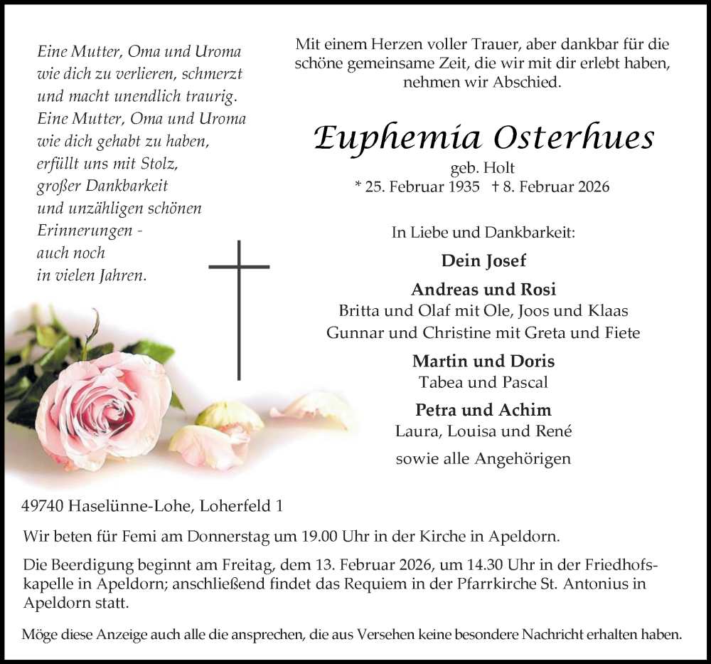  Traueranzeige für Euphemia Osterhues vom 11.02.2026 aus Neue Osnabrücker Zeitung GmbH & Co. KG