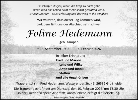 Traueranzeige von Foline Hedemann von Ostfriesischer Kurier / Norderneyer Badezeitung