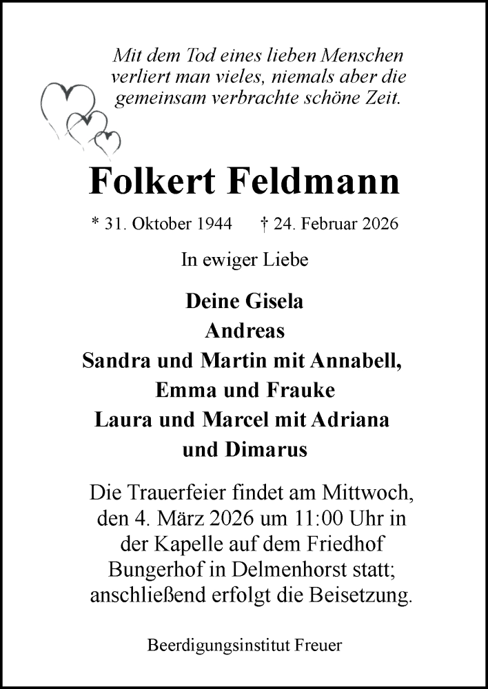  Traueranzeige für Folkert Feldmann vom 28.02.2026 aus DK Medien GmbH & Co. KG
