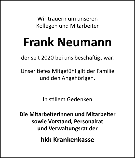 Traueranzeige von Frank Neumann von DK Medien GmbH & Co. KG