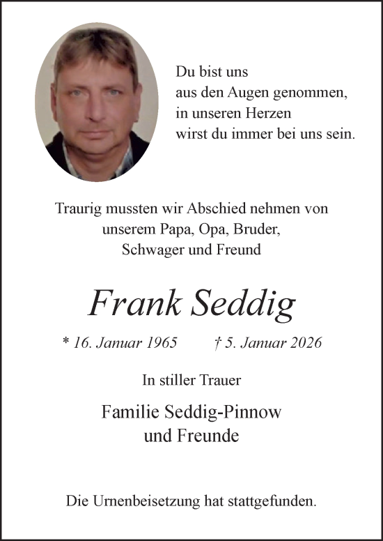 Traueranzeige von Frank Seddig von Neue Osnabrücker Zeitung GmbH & Co. KG