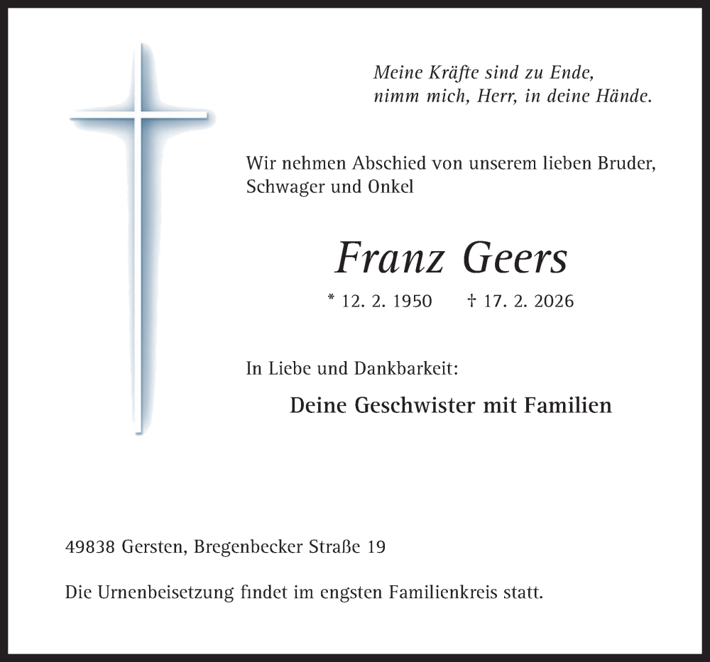  Traueranzeige für Franz Geers vom 21.02.2026 aus Neue Osnabrücker Zeitung GmbH & Co. KG