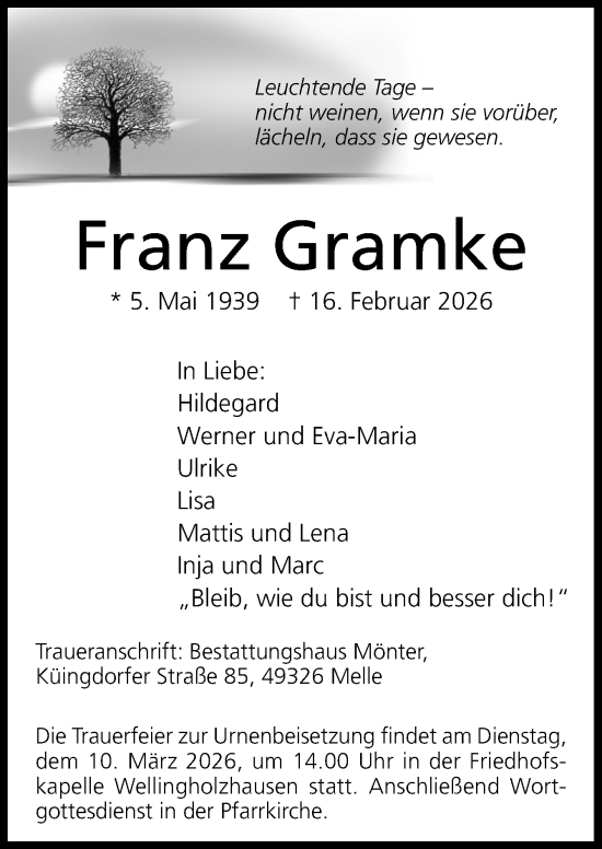 Traueranzeige von Franz Gramke von Neue Osnabrücker Zeitung GmbH & Co. KG