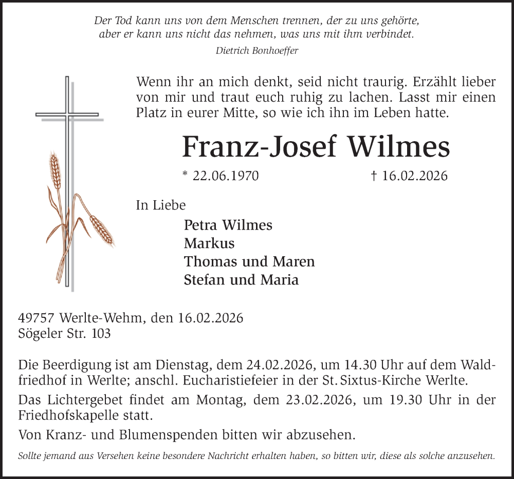  Traueranzeige für Franz-Josef Wilmes vom 21.02.2026 aus Neue Osnabrücker Zeitung GmbH & Co. KG