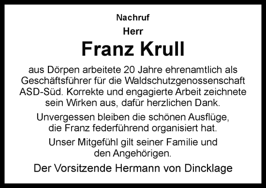 Traueranzeige von Franz Krull von Neue Osnabrücker Zeitung GmbH & Co. KG