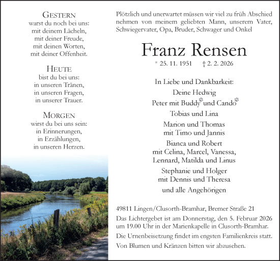 Traueranzeige von Franz Rensen von Neue Osnabrücker Zeitung GmbH &amp; Co. KG