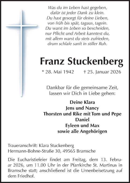 Traueranzeige von Franz Stuckenberg von Neue Osnabrücker Zeitung GmbH & Co. KG