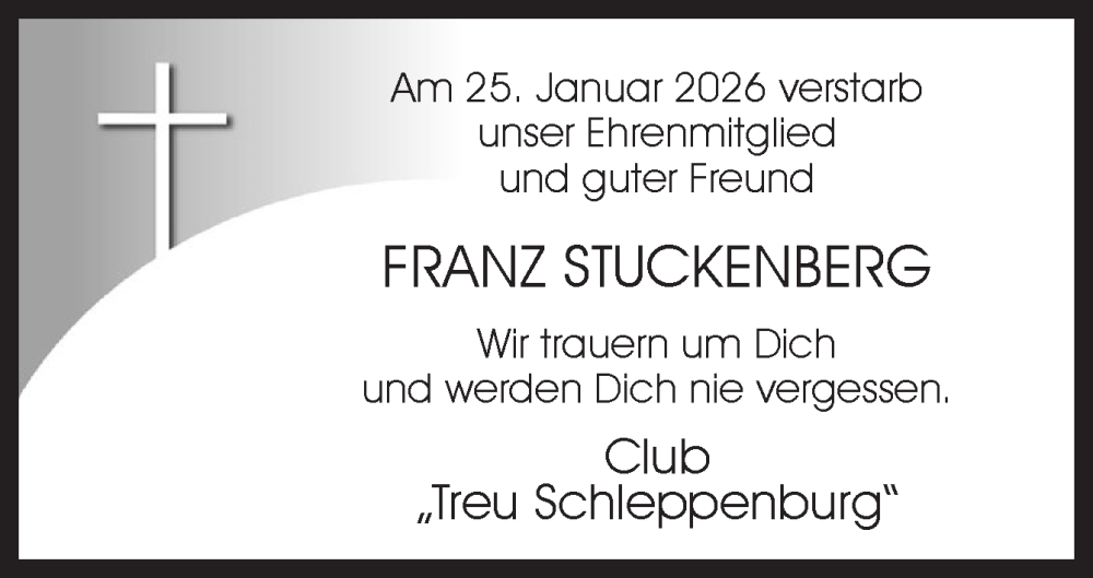  Traueranzeige für Franz Stuckenberg vom 09.02.2026 aus Neue Osnabrücker Zeitung GmbH & Co. KG