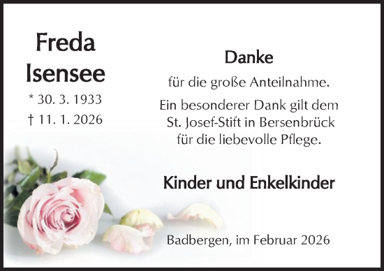 Traueranzeige von Freda Isensee von Neue Osnabrücker Zeitung GmbH & Co. KG