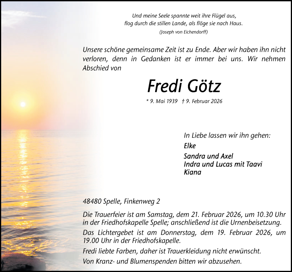  Traueranzeige für Fredi Götz vom 14.02.2026 aus Neue Osnabrücker Zeitung GmbH & Co. KG