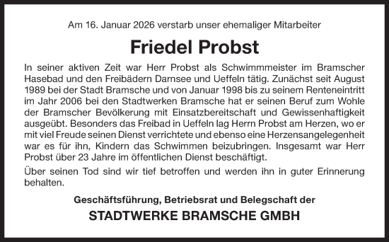 Traueranzeige von Friedel Probst von Neue Osnabrücker Zeitung GmbH & Co. KG