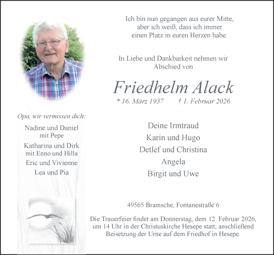 Traueranzeige von Friedhelm Alack von Neue Osnabrücker Zeitung GmbH & Co. KG