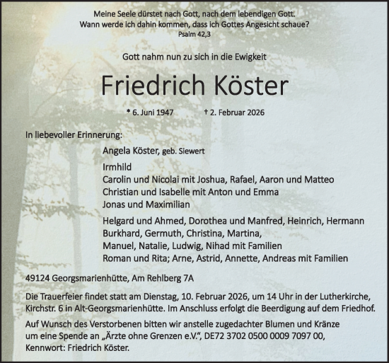Traueranzeige von Friedrich Köster von Neue Osnabrücker Zeitung GmbH & Co. KG