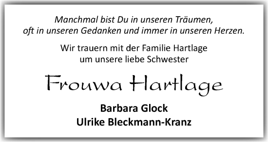 Traueranzeige von Frouwa Hartlage von Neue Osnabrücker Zeitung GmbH & Co. KG