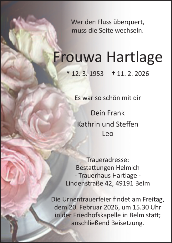 Traueranzeige von Frouwa Hartlage von Neue Osnabrücker Zeitung GmbH & Co. KG