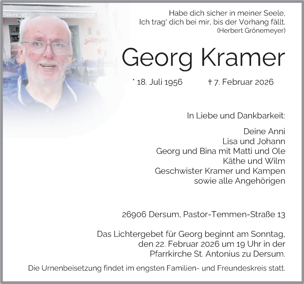  Traueranzeige für Georg Kramer vom 14.02.2026 aus Neue Osnabrücker Zeitung GmbH & Co. KG