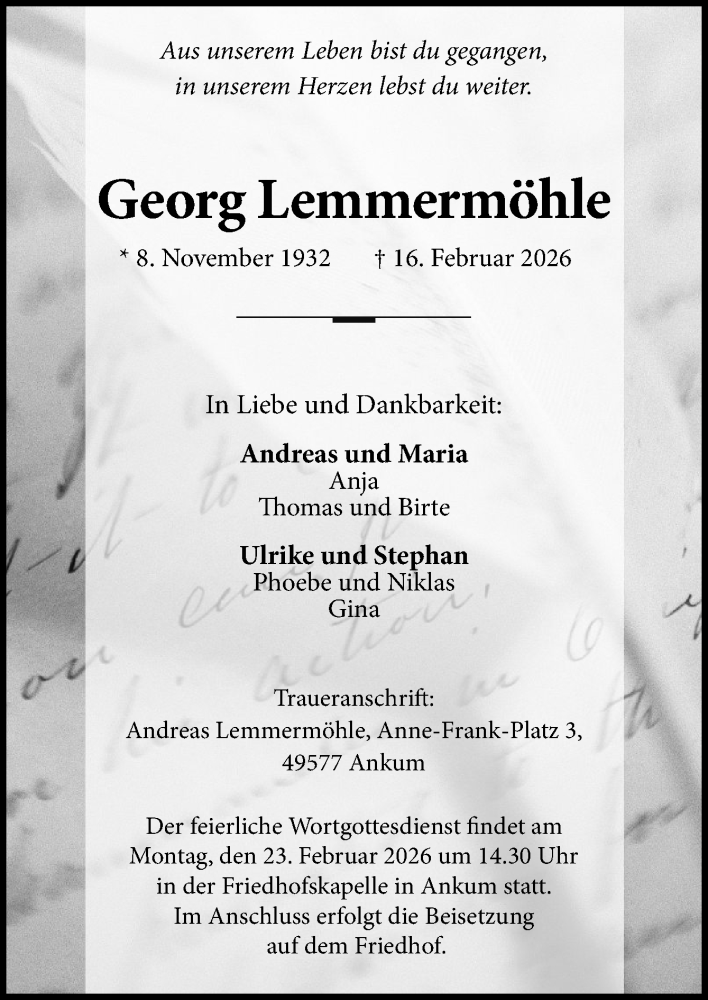  Traueranzeige für Georg Lemmermöhle vom 19.02.2026 aus Neue Osnabrücker Zeitung GmbH & Co. KG