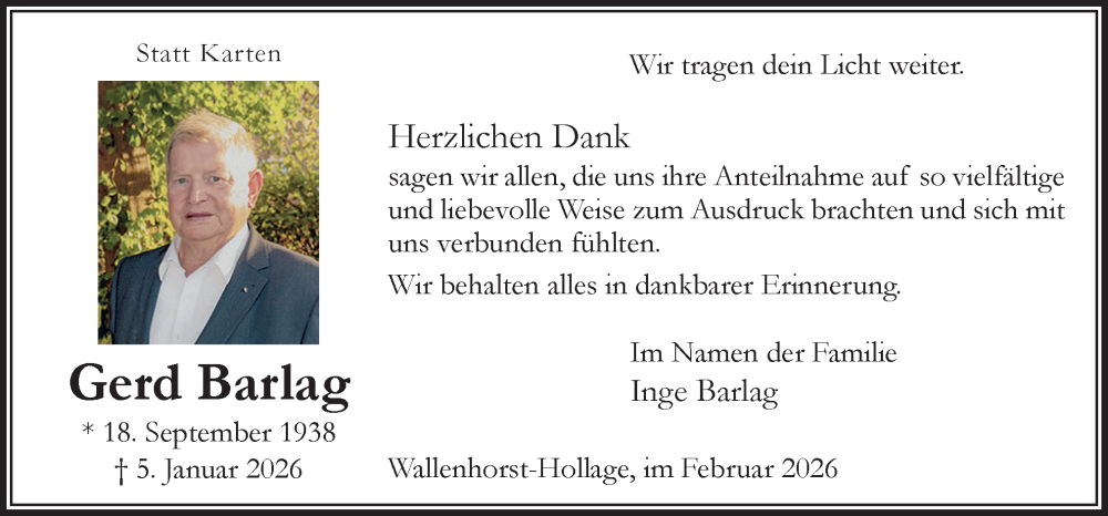  Traueranzeige für Gerd Barlag vom 14.02.2026 aus Neue Osnabrücker Zeitung GmbH & Co. KG