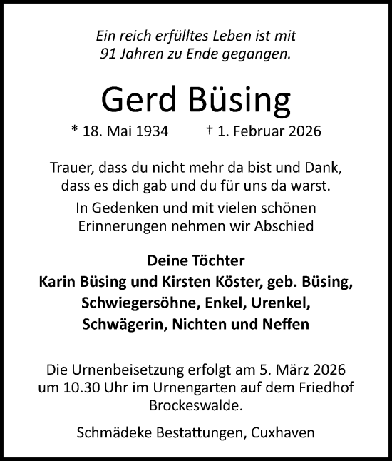 Traueranzeige von Gerd Büsing von DK Medien GmbH & Co. KG
