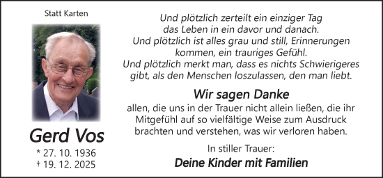 Traueranzeige von Gerd Vos von Neue Osnabrücker Zeitung GmbH & Co. KG