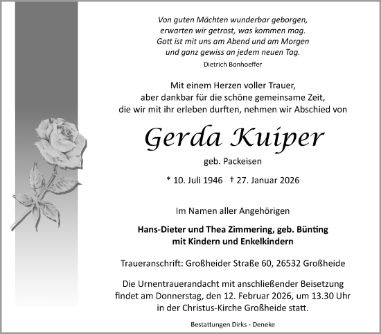 Traueranzeige von Gerda Kuiper von Ostfriesischer Kurier / Norderneyer Badezeitung