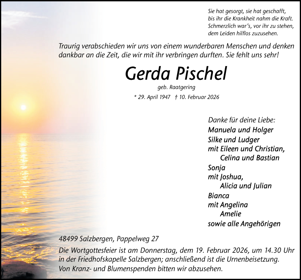  Traueranzeige für Gerda Pischel vom 14.02.2026 aus Neue Osnabrücker Zeitung GmbH & Co. KG
