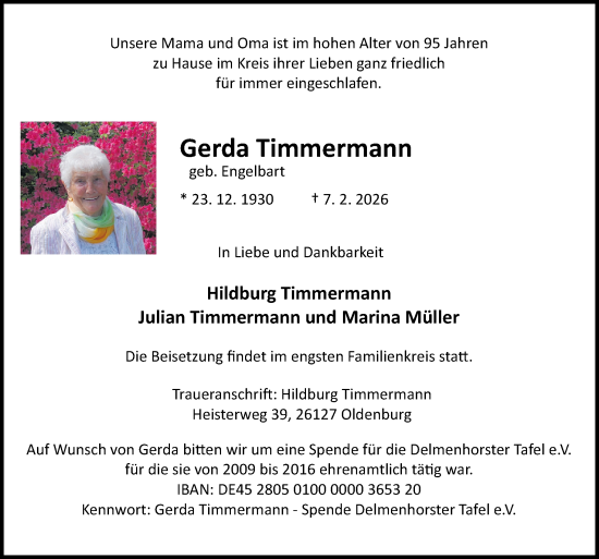 Traueranzeige von Gerda Timmermann von DK Medien GmbH & Co. KG