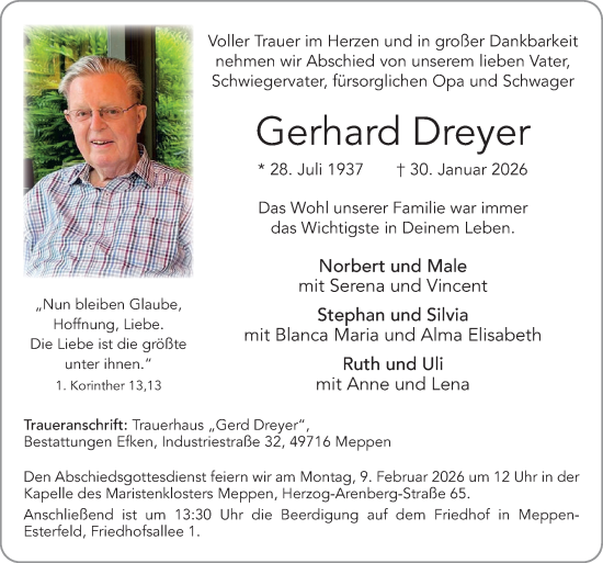Traueranzeige von Gerhard Dreyer von Neue Osnabrücker Zeitung GmbH & Co. KG