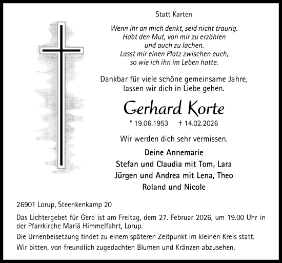 Traueranzeige von Gerhard Korte von Neue Osnabrücker Zeitung GmbH & Co. KG