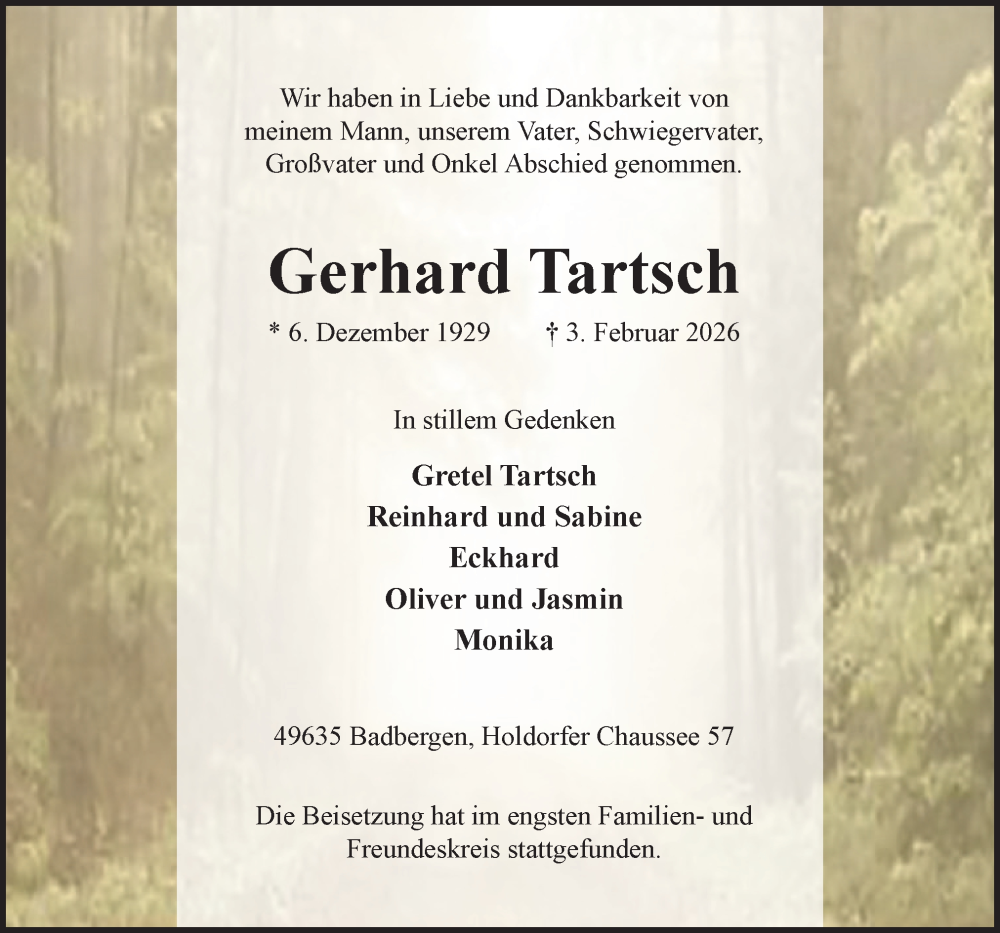  Traueranzeige für Gerhard Tartsch vom 11.02.2026 aus Neue Osnabrücker Zeitung GmbH & Co. KG