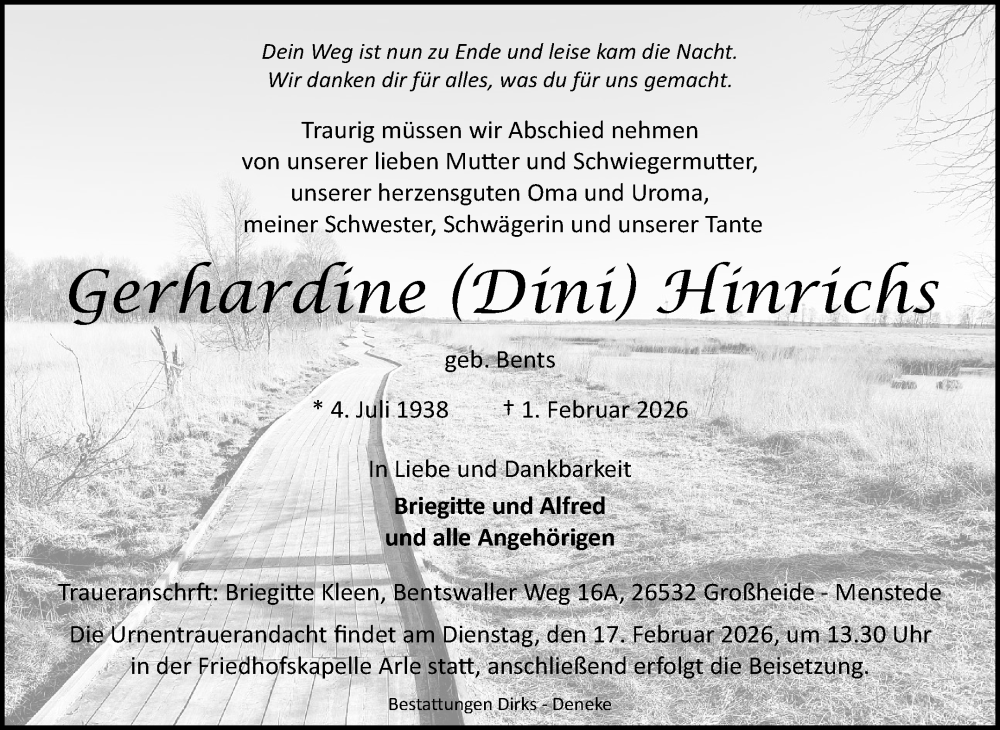  Traueranzeige für Gerhardine Hinrichs vom 04.02.2026 aus Ostfriesischer Kurier GmbH