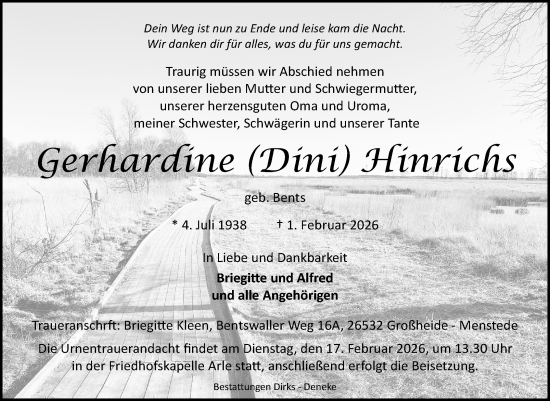 Traueranzeige von Gerhardine Hinrichs von Ostfriesischer Kurier GmbH
