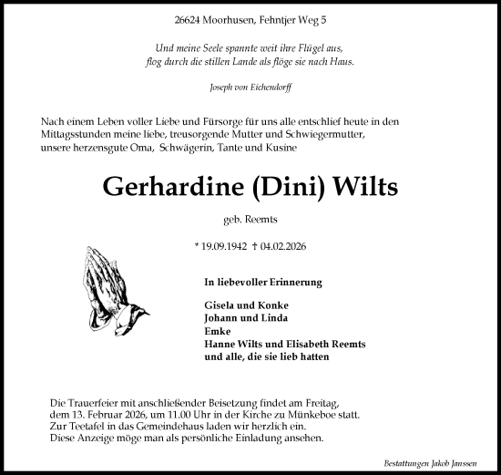 Traueranzeige von Gerhardine Wilts von Ostfriesischer Kurier / Norderneyer Badezeitung